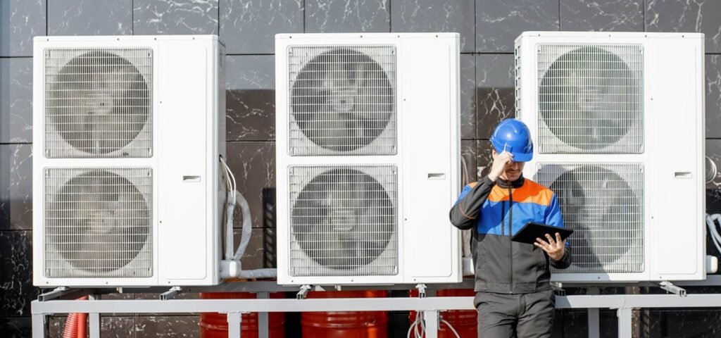 Técnico especialista revisando unidad de climatizacion valencia en techo